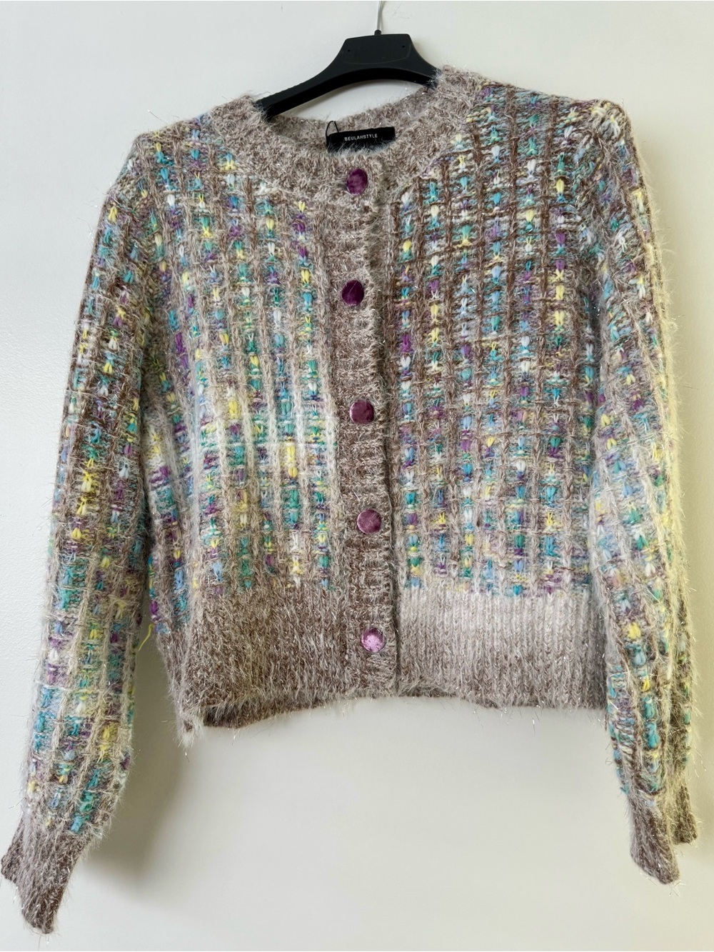 Beulah Brown Multicolor Knit Cardigan with Purple Buttons